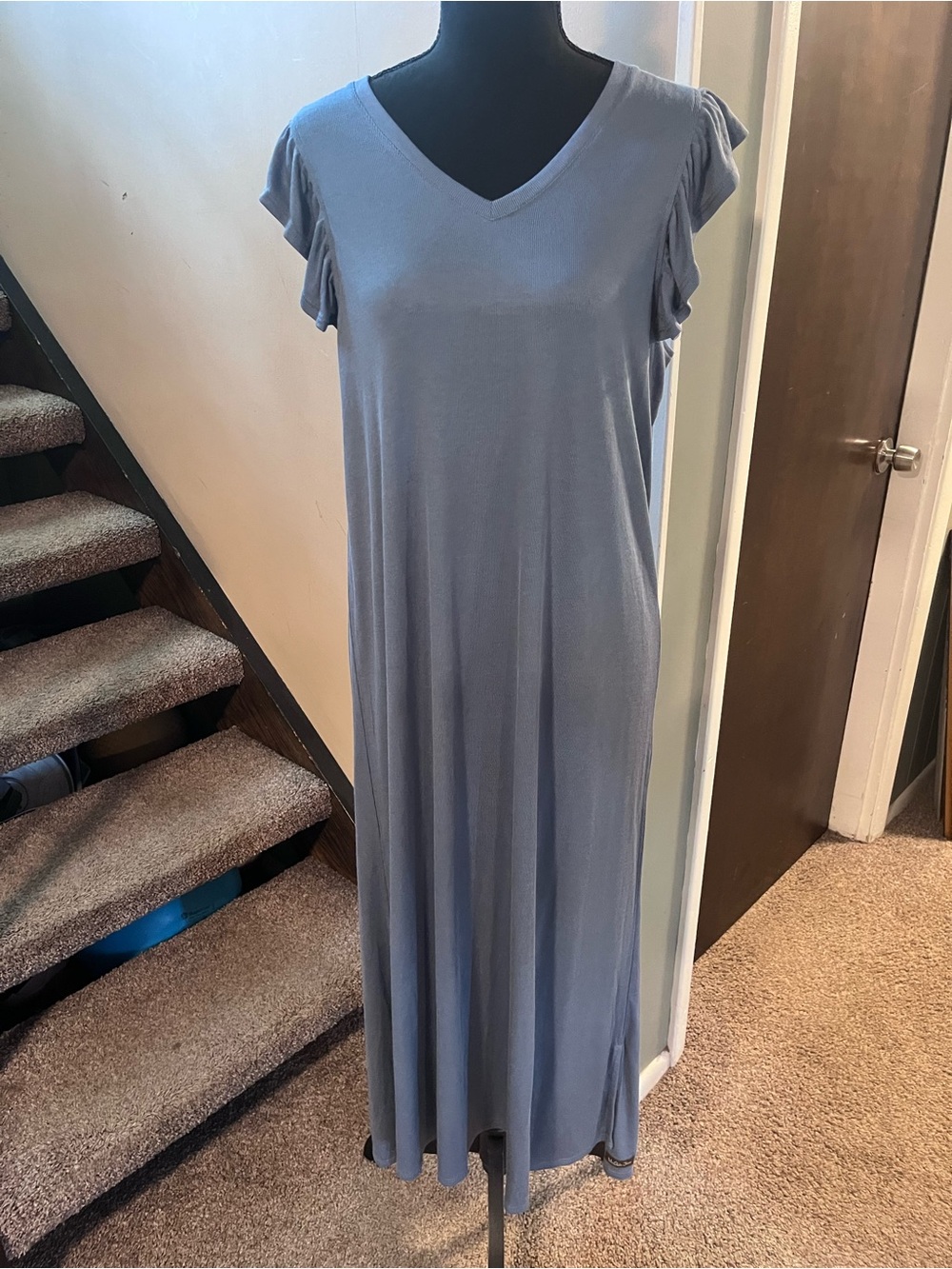 NWT Matilda Jane V Neck Long Ruffle Shoulder Blue Dress Womans Size Large